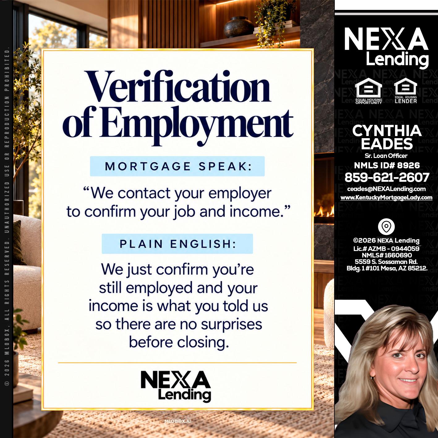 VERIFICATION OF EMPLOYMENT - Cynthia Eades -Sr. Loan Officer