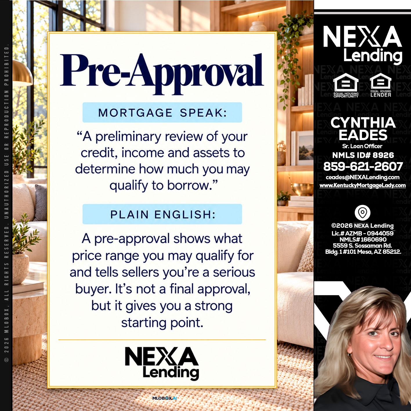 PREAPROVAL - Cynthia Eades -Sr. Loan Officer
